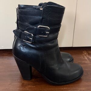 Frye Black Leather Heeled Boots with Buckle